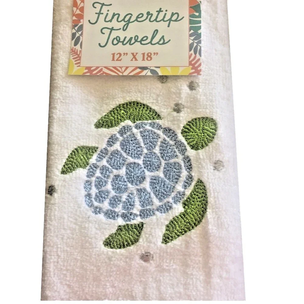Sea Turtle Striped Fingertip Towels Embroidered Beach House Bathroom Set of 2